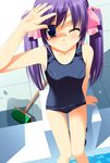  blue_eyes hair_ties mizugi purple_hair sukumizu summer tagme water 