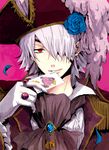  bad_id bad_pixiv_id blue_flower blue_rose card card_in_mouth earrings flower gloves hair_over_one_eye hamayoshi hat holding holding_card jewelry male_focus mouth_hold pandora_hearts red_eyes ring rose solo white_hair xerxes_break 