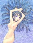  blue_hair breasts highres ichimatsu_nana large_breasts long_hair navel nipples nude original purple_eyes solo water wet 