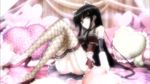  bare_shoulder bed black_hair choker detached_sleeve fishnet_stockings frills garter_belt garter_straps gothic heart heart_pillow hoshikawa_kirara kore_wa_zombie_desu_ka? lingerie thighhighs very_long_hair white_panties 