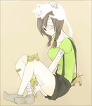  animal animal_on_head bandage_over_one_eye bandages black_hair braid cat cat_on_head dog eyepatch kobushi_abiru legs on_head pale_skin poyon sayonara_zetsubou_sensei shorts simple_background sitting skirt socks solo stick suspenders twin_braids 