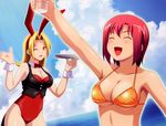  absurdres animal_ears bare_legs bikini blonde_hair bottle breasts bunny_ears bunny_girl bunnysuit cleavage closed_eyes highres huge_filesize koutaro medium_breasts milk_mustache multiple_girls orange_eyes red_hair rio_rollins short_hair super_blackjack swimsuit tailcoat tiffany_abbott vest 