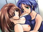  areolae blue_eyes blue_hair breast_grab breast_slip breast_sucking breasts brown_hair green_eyes large_breasts mizugi moan nipple_slip nipples open_mouth oppai sweat tagme yuri 