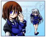  bespectacled blue_eyes blue_hair brown_hair glasses hair_ornament long_hair lyrical_nanoha magic_circle mahou_shoujo_lyrical_nanoha_strikers military military_uniform minigirl multiple_girls necktie pencil_skirt reinforce_zwei short_hair skirt smile tsab_naval_military_uniform uniform x_hair_ornament yagami_hayate yuuka_(o.t.kingdom) 