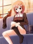  absurdres bad_id bad_pixiv_id blush hair_ribbon highres nekoman_(nukomann) original red_eyes ribbon school_uniform sitting solo window 