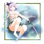  arm_up armpits black_hairband blush border breasts green_eyes hairband katana konpaku_youmu legs medium_breasts nipples no_shirt open_mouth ori sarashi short_hair silver_hair skirt socks solo sword torn_clothes torn_skirt touhou undone_sarashi weapon white_hair white_legwear 