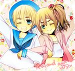  1girl axis_powers_hetalia blonde_hair blue_eyes brown_hair character_name crossed_arms eyebrows flower hair_flower hair_ornament hat jacket midriff principality_of_wy_(hetalia) sailor_hat sealand_(hetalia) side_ponytail smile 