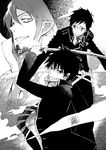  ao_no_exorcist brothers facial_hair fire glasses goatee greyscale grin male_focus mephisto_pheles monochrome multiple_boys nechi774 necktie okumura_rin okumura_yukio pointy_ears projected_inset siblings smile striped striped_neckwear sword uniform weapon 