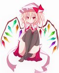  ascot blonde_hair brown_legwear feet flandre_scarlet furagu hat highres panties red_eyes shirt side_ponytail sitting sleeveless sleeveless_shirt solo thighhighs touhou underwear white_panties wings wrist_cuffs 