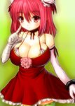  alternate_costume asamura_hiori bandages bare_shoulders blush breasts bun_cover cleavage collarbone double_bun dress elbow_gloves gloves green_legwear ibaraki_kasen large_breasts pink_eyes pink_hair short_hair simple_background smile solo thighhighs touhou 