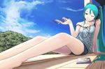  aqua_hair cloud day hatsune_miku headphones itou_(onsoku_tassha) legs long_hair long_legs sky solo very_long_hair vocaloid 