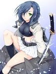  belt blue_hair breasts covered_nipples green_eyes hair_over_one_eye highres hinata_sora rance_(series) sakamoto_ryouma_(rance) sengoku_rance short_hair sitting skirt small_breasts solo sword weapon 