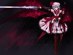  alastor_(sword) bat_wings black_legwear blue_hair blush boots brooch devil_may_cry dress elbow_gloves electricity gloves grin hat jewelry koumajou_densetsu nelo_anjuurou pantyhose red_eyes remilia_scarlet short_hair smile solo sword touhou weapon wings 