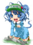  all_fours amau_(kosmos) animal_ears bad_id bad_pixiv_id blue_eyes blue_hair blue_skirt blush cat_ears cat_tail chibi fangs hair_bobbles hair_ornament hat highres kawashiro_nitori kemonomimi_mode open_mouth paw_pose skirt solo tail touhou two_side_up wrench 