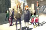  5girls :&lt; ? artist_self-insert badou_nails bandaid blonde_hair blue_eyes cane cigarette city closed_eyes dogs:_bullets_&amp;_carnage eyepatch fuyumine_naoto green_hair haine_rammsteiner hand_in_pocket headphones highres long_hair luki mihai_mihaeroff multiple_boys multiple_girls nadzomi_viro nill noki orange_hair pantyhose road road_sign scarf self-portrait shade shadow short_hair siblings sign smoke smoking stop_sign street sunlight traffic_light twins vanishing_point white_hair wings 