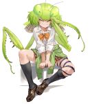  &gt;_&lt; 1girl absurdres antennae arms_between_legs black_legwear blush borrowed_character bow bowtie brown_footwear brown_skirt clothes_around_waist collared_shirt commentary dress_shirt eyes_closed green_hair green_sweater highres insect_girl insect_wings kneehighs loose_bowtie mantis mantis_akiyama medium_hair nurumi orange_neckwear original parasite plaid plaid_skirt pleated_skirt school_uniform shirt shoes sitting skirt sleeves_folded_up smile solo sweater sweater_around_waist white_background white_shirt wing_collar wings worms 
