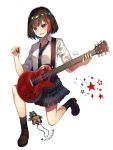  1girl bang_dream! bangs black_hair black_legwear boots brown_footwear electric_guitar eyebrows_visible_through_hair guitar instrument mitake_ran multicolored_hair necktie nyacha_(tya_n_ya) one_knee open_mouth pleated_skirt plectrum red_eyes red_hair school_uniform shirt short_hair simple_background skirt socks solo star streaked_hair striped striped_neckwear white_background white_shirt 