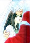  animal_ears black_hair blood closed_eyes couple death dog_ears eyes_closed higurashi_kagome hug inuyasha inuyasha_(character) kagome lips long_hair school_uniform seifuku serafuku teeth white_hair 