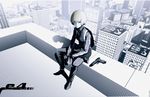  aqua_eyes arsenixc blonde_hair city cityscape gun handgun heckler_&amp;_koch highres monochrome original p7 pistol popped_collar revision rooftop shadow short_hair sitting solo spot_color weapon 