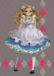  alice_(wonderland) alice_in_wonderland apron argyle blonde_hair blue_eyes bow dress frilled_legwear frills hair_bow highres kneehighs long_hair pisuke solo 