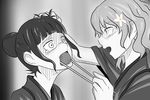  chopsticks face feeding force_feeding greyscale hair_pull hanasaku_iroha kakeru1234 matsumae_ohana monochrome multiple_girls open_mouth oshimizu_nako shaded_face tears 