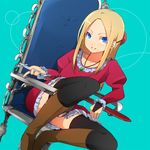  bad_id bad_pixiv_id blonde_hair blue_eyes boots bridal_gauntlets chair dress jewelry knee_boots long_hair looking_at_viewer necklace nishiuri_warito original panties pantyshot smile solo thighhighs underwear 