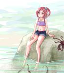  1boy barefoot crossdress crossdressing frown hair_bobbles hair_ornament hairclip male male_focus original outdoors ponytail red_hair shorts side_ponytail sitting sky solo trap water 