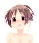  blush brown_eyes brown_hair commentary face hair_ribbon hirasawa_ui k-on! kuroba_u mouth_hold nude open_mouth panties panties_in_mouth ponytail ribbon saliva short_hair smile solo underwear 