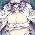  blue_eyes breast_hold breast_rest breasts breasts_outside dress fat female gradient gradient_background hat highres huge_breasts letty_whiterock milf navel nipples open_clothes purple_hair short_hair solo standing touhou tsukasawa_takamatsu tsukazawa 