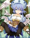  black_legwear blue_eyes blue_hair boots cape crotch_seam elise_(gungnir) gauntlets gungnir head_wings open_mouth panties panties_under_pantyhose pantyhose shimo_(depthbomb) short_hair skirt skirt_lift solo spread_legs thighband_pantyhose underwear white_panties wings 