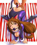  all_fours anal anal_beads ballgag bdsm bondage brown_hair butt_plug_tail gag handcuffs long_hair open_shirt oppai sakura_taisen tail_play 