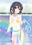  bikini bikini_under_clothes black_hair brown_eyes dress_shirt errant hose k-on! long_hair nakano_azusa one-piece_swimsuit rainbow see-through shirt solo swimsuit swimsuit_under_clothes twintails water wet wet_clothes yellow_swimsuit 