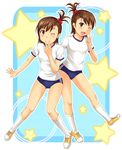  brown_eyes brown_hair buruma double_vertical_stripe futami_ami futami_mami gym_uniform hair_bobbles hair_ornament idolmaster idolmaster_(classic) idolmaster_1 multiple_girls nishi_(count2.4) one_eye_closed siblings side_ponytail socks star twins v 