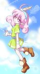  aya_tsudi bad_id bad_pixiv_id boots curly_hair day feathers hairband nintendo panel_de_pon pink_eyes pink_hair pointy_ears short_hair skirt sky smile solo windy_(panel_de_pon) wrist_cuffs 