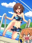  2girls angry blue_sky breasts brown_eyes brown_hair censored cloud cloudy_sky collarbone day dutch_angle eyebrows_visible_through_hair eyes_visible_through_hair gluteal_fold kilt_hide kitanaga looking_at_viewer multiple_girls natsukimonou navel no_pupils nude one-piece_swimsuit orange_hair outdoors polka_dot pool shiny shiny_skin sky small_breasts speech-bubble swimsuit tagme ueno-san_wa_bukiyou ueno_(ueno-san_wa_bukiyou) water watermark 