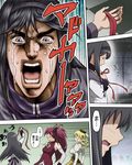  akemi_homura araki_hirohiko_(style) comic drill_hair hachiya hairband highres jojo_no_kimyou_na_bouken joseph_joestar_(young) jpeg_artifacts long_hair lossy-lossless mahou_shoujo_madoka_magica man_face md5_mismatch multiple_girls parody ponytail red_hair ribbon sakura_kyouko style_parody tears tomoe_mami 