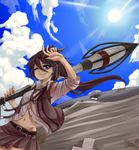  bandages belt brown_eyes brown_hair cloud day dirty groin hair_between_eyes hair_ornament hairclip kingumokemoke long_hair navel necktie one_eye_closed original ponytail rocket_launcher shiroko_blanc skirt sky sleeves_rolled_up smile solo sun weapon whale 