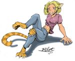  blonde_hair claws clothing digitigrade feline female hair human mammal midriff pawpads pilot_(artist) plain_background solo stripes tiger torn_clothing transformation white_background 