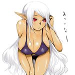  1girl bikini breasts cleavage dark_elf elf highres huge_breasts long_hair original pointy_ears red_eyes solo soranosuke sweat swimsuit translated white_hair 