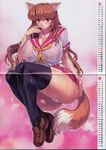  absurdres black_thighhighs blush breasts brown_hair calendar comic_unreal fox_tail high_res huge_breasts kemonomimi kitsunemimi large_breasts long_hair mogudan nipples oppai oshiri panchira pantsu red_eyes school_uniform serafuku shoes skirt tail thighhighs transparent_clothing wet wet_clothes 