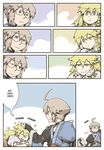  1girl ahoge blonde_hair chin_rest comic happy hard_translated hetero kirisame_marisa morichika_rinnosuke natsue no_hat no_headwear petting raised_eyebrow sigh smile smirk staring touhou translated wide-eyed 