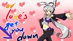  animal_ears bunny_ears bunny_tail dancing detached_sleeves hand_on_hip heart hourou long_hair lyrics maru-toku_series navel necktie open_mouth outstretched_arm red_eyes silver_hair solo tail vocaloid yowane_haku 