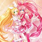  bad_id bad_pixiv_id blonde_hair blue_eyes boots bow choker cure_melody cure_rhythm dress earrings green_eyes heart highres houjou_hibiki jewelry knee_boots long_hair magical_girl midriff minamino_kanade multiple_girls musical_note pink_bow pink_choker pink_hair precure sakou_mochi skirt staff_(music) suite_precure thighhighs twintails very_long_hair white_choker wrist_cuffs 