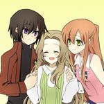  1boy 2girls black_hair blush brother_and_sister brown_hair code_geass eyes_closed female green_eyes hand_holding happy holding_hands jacket lelouch_lamperouge long_hair male multiple_girls nunnally_lamperouge open_mouth orange_hair purple_eyes shacttainw shirley_fenette short_hair siblings 