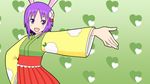  animal_ears aq_(bb009ma) bunny_ears dancing flower hair_flower hair_ornament hand_on_hip heart hieda_no_akyuu japanese_clothes maru-toku_series no_nose open_mouth outstretched_arm purple_eyes purple_hair short_hair solo touhou 