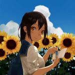  1girl arms_up bag black_hair blue_sailor_collar blue_sky book bookmark breasts carrying cloud day field flower flower_field from_side hair_between_eyes head_tilt highres holding holding_book looking_at_viewer lp lp_(pp91752) medium_breasts open_book original outdoors ponytail sailor_collar school_bag school_uniform serafuku shirt short_hair shoulder_carry sky sleeves_rolled_up smile solo standing summer sunflower upper_body white_shirt yellow_eyes 