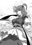  flower greyscale monochrome one_eye_closed onozuka_komachi scythe short_hair soba_(saz) solo touhou 