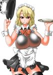  apron blonde_hair bow bowl breasts erect_nipples female hat headdress holding large_breasts maid maid_apron maid_headdress maid_outfit red_eyes shisoworld simple_background skirt smile solo standing thighhighs tray white_background wrist_cuffs 