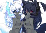  ???? bloom blue_eyes canine duo fur girly grey_fur hair hi_res horn horns long_hair looking_at_viewer mammal navel nude plain_background red_eyes symmetry white_background white_hair yoshiaki 