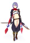  absurdres flat_chest gunblade hair_ornament highres katte_ni_kappa midriff navel original panties purple_eyes purple_hair sengoku_koihime short_hair simple_background solo standing sword underwear weapon 